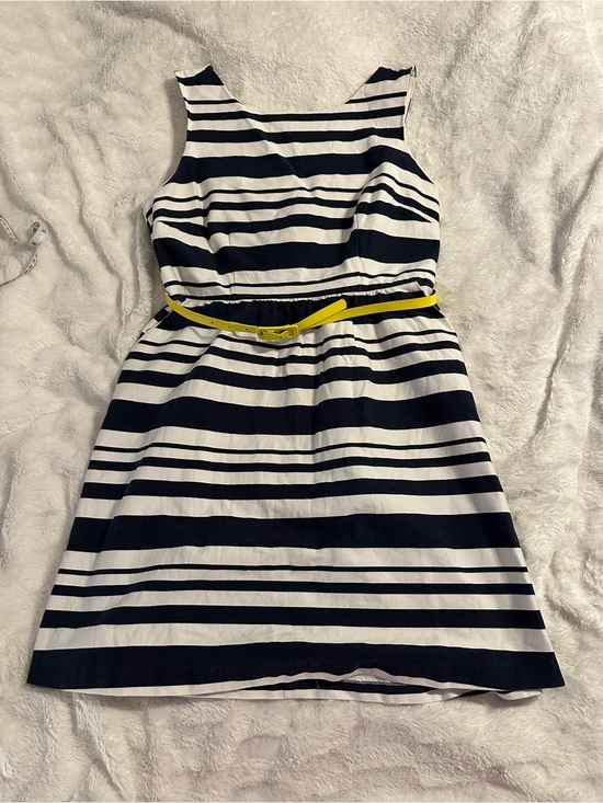 The Limited Dresses & Skirts - The Limited Navy and White Striped Sleeveless Dress with Yellow Belt